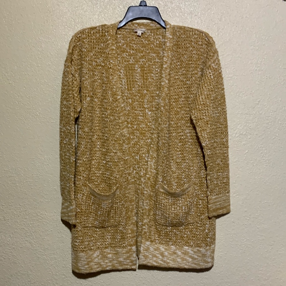 Hem & Thread Sweater Open Cardigan L Golden Yellow White Knit Long Sleeve Pocket